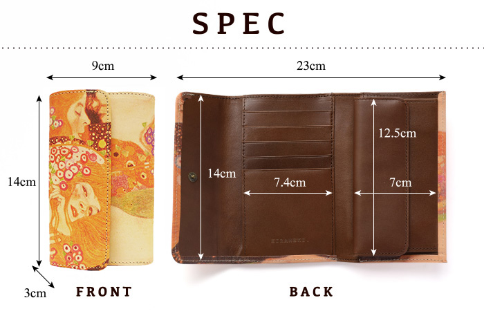 サイズや素材等、スペックの紹介。縦14cm、横9cm(閉じた状態)、23cm(開いた状態)、厚さ3cm