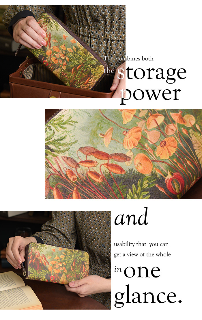 表面にはアートが施された大きな一枚革を使い、思わず眺めたくなるお財布です。