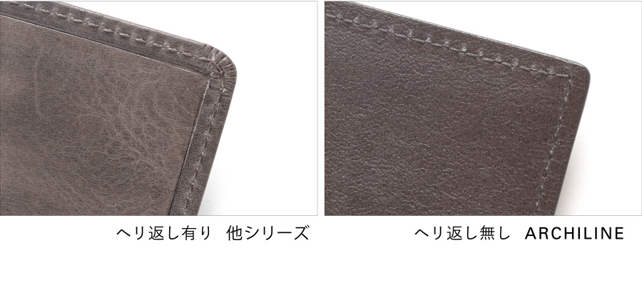 比較イメージ：ヘリ返し有り（他シリーズ）、ヘリ返し無し（ARCHILINE）