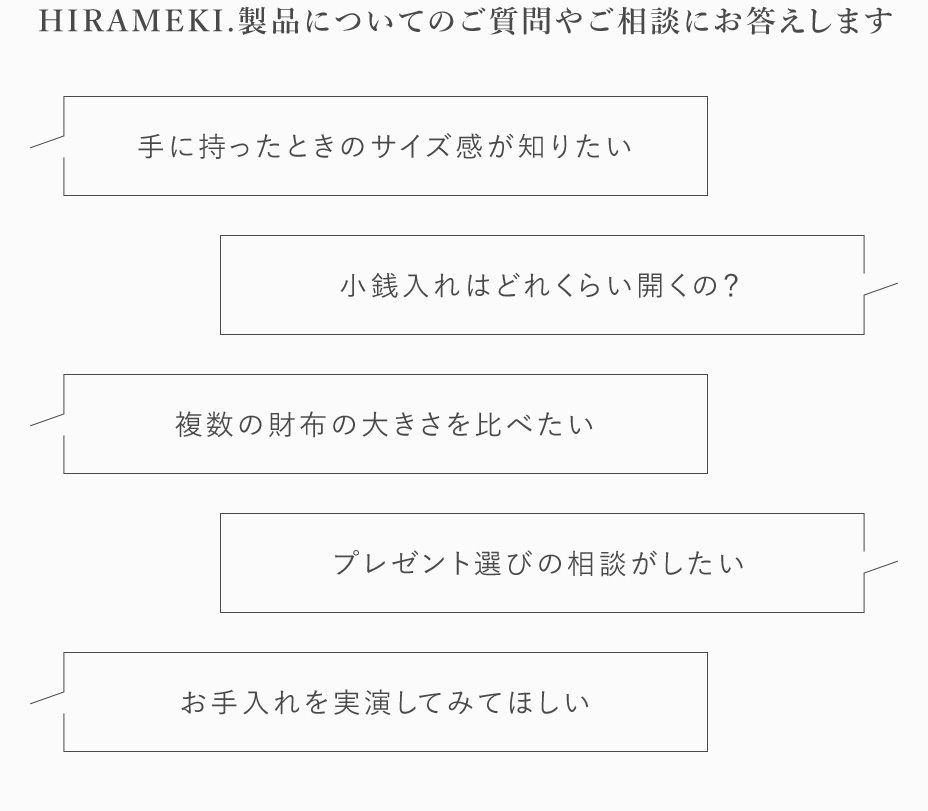 HIRAMEKI.製品についてのご質問やご相談にお答えします。手に持った時のサイズ感が知りたい。小銭入れはどれくらい開くの？複数の財布の大きさを比べたい。プレゼント選びの相談がしたい。お手入れを実演してみてほしい。