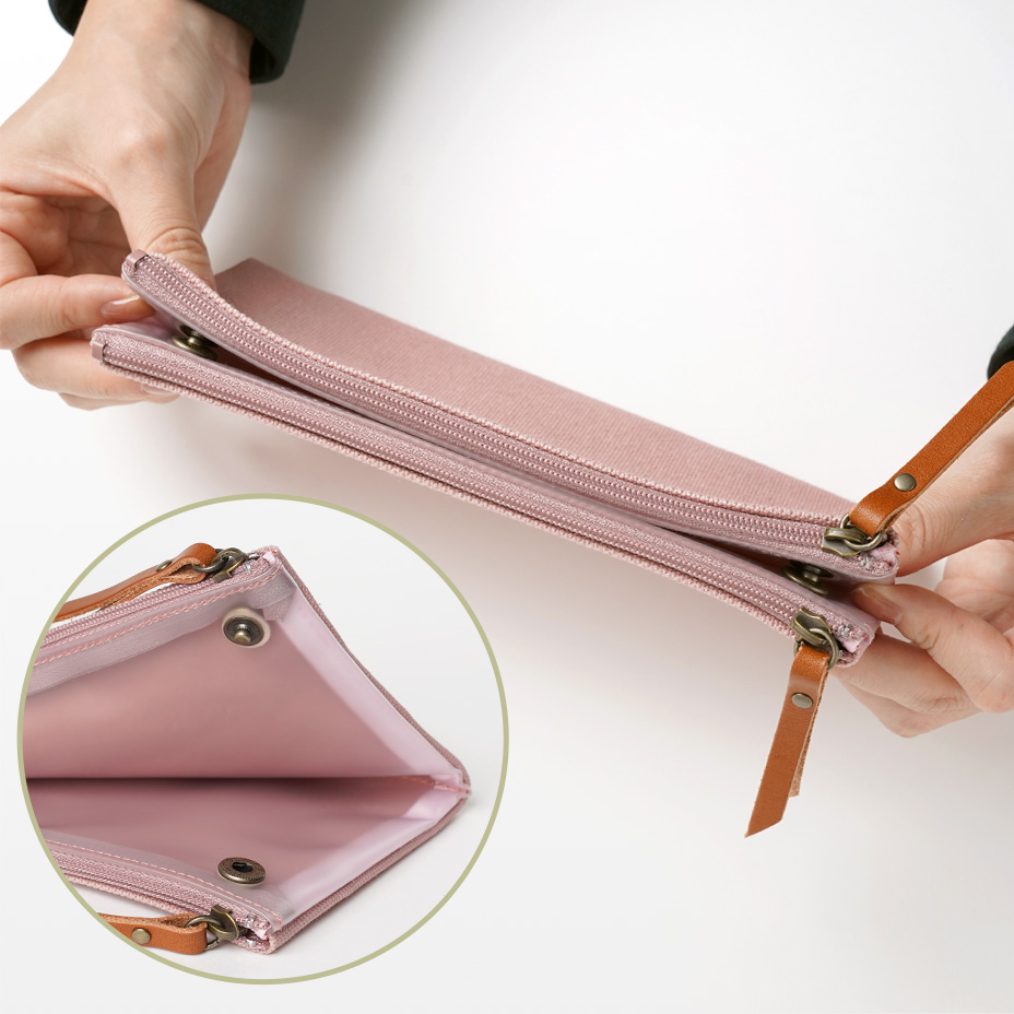 CANVAS ダブルファスナーポーチ しっかり留まる両端Wホック仕様