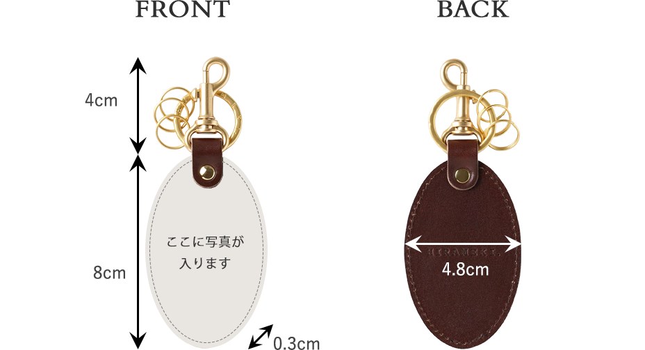 FRONT 4cm 8cm 0.3cm ここに写真が入ります BACK 4.8cm
