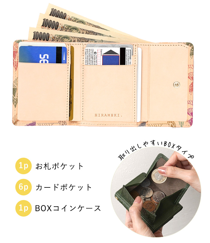 お札ポケット１箇所 カードポケット６か所 BOXコインケース１箇所の小さい財布からお札と小銭を取り出している様子