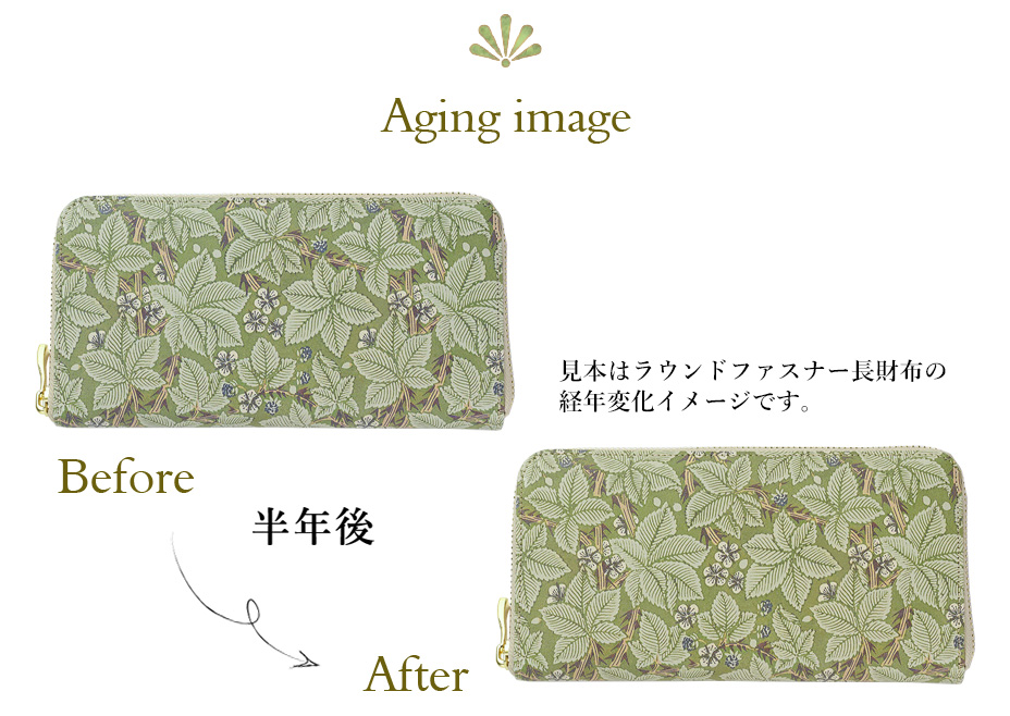 Aging image ラウンドファスナー長財布を半年使用した際の経年変化イメージ