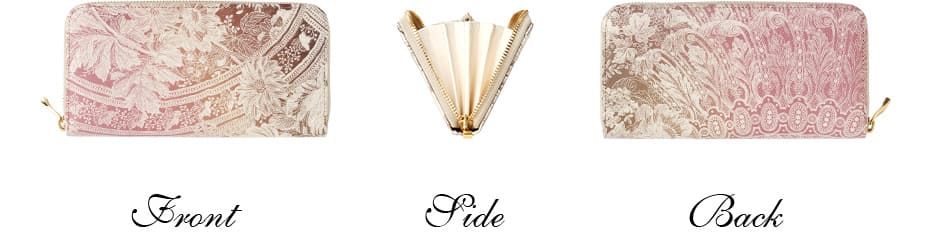 ラウンドファスナー長財布の前面と側面と後面