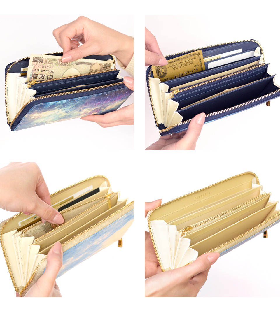 ジャバラポケット、カードポケット、小銭入れの使用イメージと、財布内部イメージ