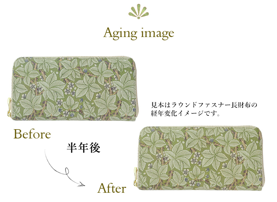 Aging image ラウンドファスナー長財布を半年使用した際の経年変化イメージ