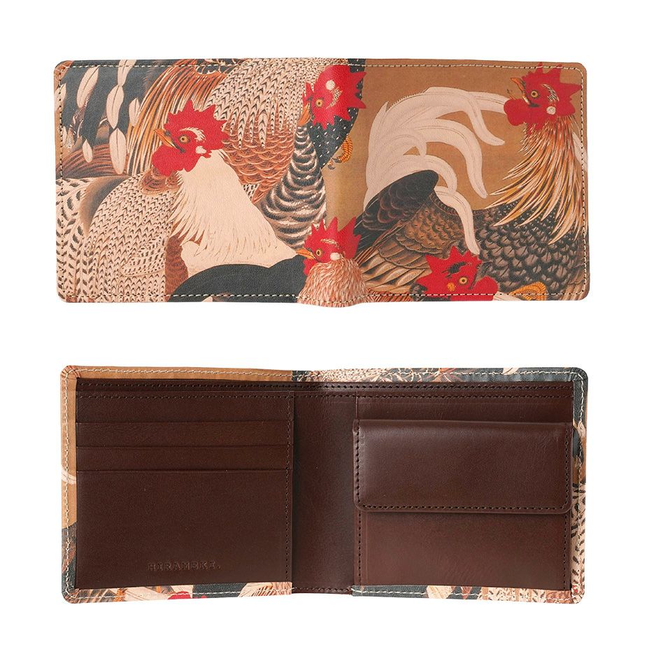 シンプルで使いやすい本革の二つ折り財布【群鶏 伊藤若冲】